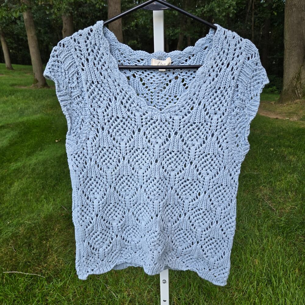 Elan Dusty Blue Women's Chunky Crochet Knit Sweater Cap Sleeve size Medium